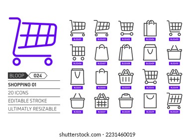 Shopping 01 related, pixel perfect, editable stroke, up scalable, line, vector bloop icon set. 
