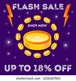 Shopping 18% Sale Background Design. Gold Coin.