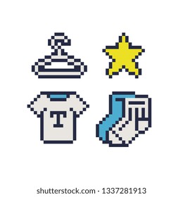 Shopping 1-bit pixel art icons set. Hanger, star, socks and t-shirt. Design for sticker, logo, web, app, badges and patches. Isolated vector.