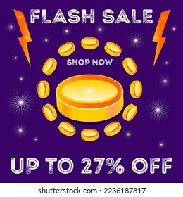 Shopping 27% Sale Background Design. Gold Coin.