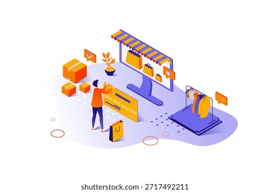 Concepto isométrico 3d de compras con diseño de personas de isometría para el Web. Hombre comprando ropa de moda en tienda de internet, haciendo pago en línea con tarjeta de crédito, ordenando servicio de entrega. Ilustración vectorial.