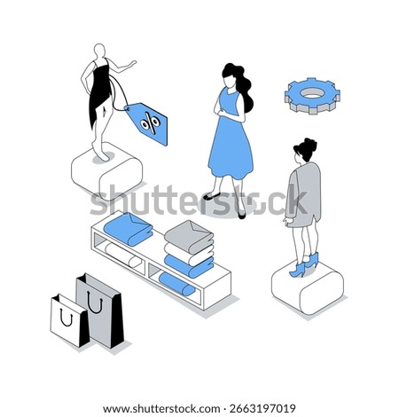Shopping 3d isometric concept with isometry people design for web. Woman choosing new apparel in clothes store showroom, finding fashion dresses at clearance with best prices. Vector illustration