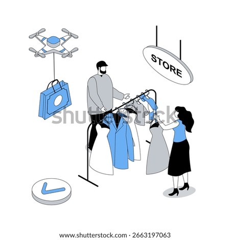 Shopping 3d isometric concept with isometry people design for web. Man and woman choosing new apparel in clothes store at clearance, paying with bargain prices with discounts. Vector illustration