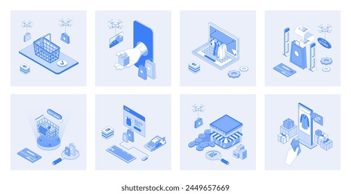 Shopping 3d isometric concept set with isometric icons design for web. Collection of online purchases at stores or supermarkets, bargain prices in mobile app, credit card payment. Vector illustration