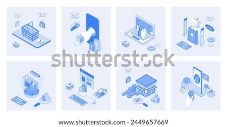 Shopping 3d isometric concept set with isometric icons design for web. Collection of online purchases at stores or supermarkets, bargain prices in mobile app, credit card payment. Vector illustration