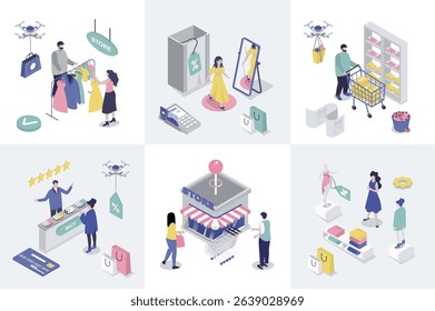Shopping 3d isometry concept for web design. Collection set with isometric people buying new clothes in retail stores and shops, buying products in supermarket, pay credit card. Vector illustration.