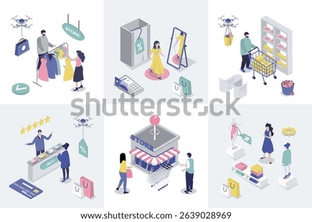 Shopping 3d isometry concept for web design. Collection set with isometric people buying new clothes in retail stores and shops, buying products in supermarket, pay credit card. Vector illustration.