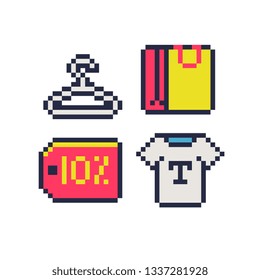 Shopping 8-bit pixel art icons set, sticker. Paper bag, 10% discount, hanger and t-shirt. Design for logo game, web, app, badges and patches. Isolated vector.