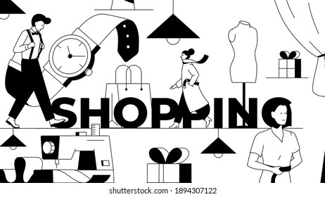 Shopping abstract black and white illustration. Vector illustration with fashionable people and clothing accessories representing a concept of shopping, stylish clothes, boutique, trying on outfits