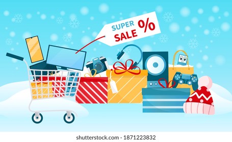 Shopping abstract concept. Christmas electronics sale lots of gifts boxes and shopping bags with electronic devices and gadgets. Flat cartoon vector illustration