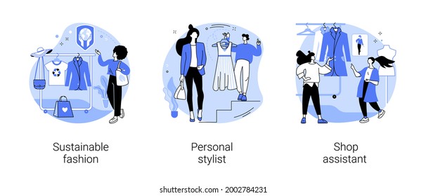 Shopping Abstract Concept Vector Illustration Set. Sustainable Fashion, Personal Stylist, Shop Assistant, Organic Clothes, Man And Woman Style, Dressing Room, Customer Service Abstract Metaphor.