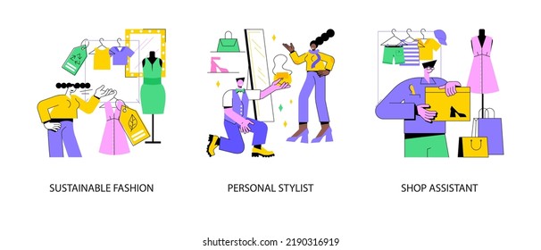 Shopping abstract concept vector illustration set. Sustainable fashion, personal stylist, shop assistant, organic clothes, man and woman style, dressing room, customer service abstract metaphor.