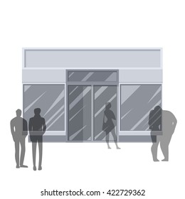 Shopping. Abstract illustration of Urban Shop Facade and People Shopping. Front view. Retail Series. Vector EPS10.