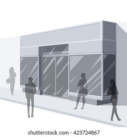 Shopping. Abstract illustration of Urban Shop Facade and People Shopping. Side view. Retail Series. Vector EPS10.