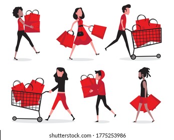 Shopping action picture feature lady in red walking, holding shopping bag and walking with shopping cart