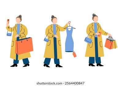 Shopping Activities Set. Woman Shopping in Winter Coat. 