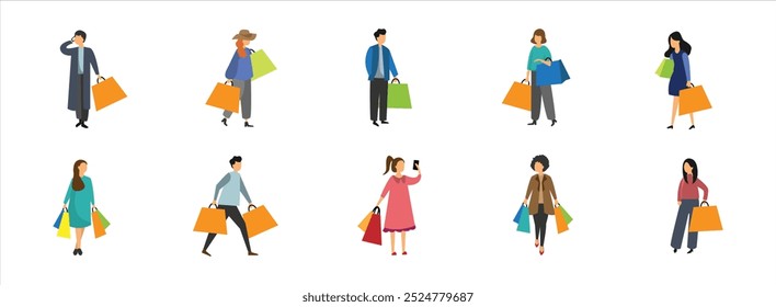 Shopping activity flat illustration set. Include of buy, cart, delivery, and fashion. Vector illustration isolated.