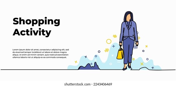 Shopping activity web banner. Vector illustration of woman walking holding shopping bags. Modern flat in continuous line style.