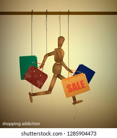 Shopping Addiction Concept, Marionette Runs And Holds Many Shopping Bags, Modern Man Addiction Series, Vector