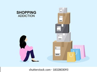 Concepto de adicción a las compras. Una mujer adictiva compró muchas cosas caras a través de las compras en línea. Ilustración vectorial de estilo plano.