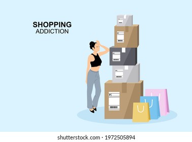 Shopping addiction concept. One woman addictive bought many expensive things through shopping online. She stand beside many box and paper bag.  Flat style vector illustration.