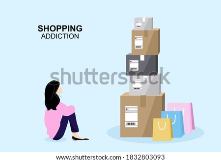 Shopping addiction concept. One woman addictive  bought many expensive things through shopping online. Flat style vector illustration.
