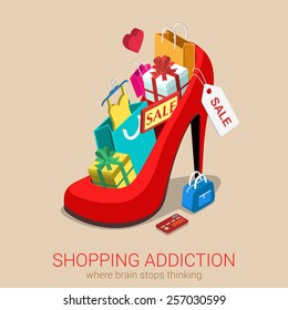 Shopping addiction sale madness flat 3d isometric web infographic template vector concept. Huge oversized red shoe full of gift box goods clothes credit card bag. Creative design conceptual collection