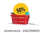 shopping advertisement, Yellow circular promotional tag label with message special offer 50% discount message placed in red shopping basket with receipt paper on it, vector 3d isolated for design