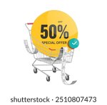 shopping advertisement, Yellow circular promotional tag label with message special offer 50% discount message placed in shopping cart with receipt paper on it, vector 3d isolated for design