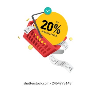 shopping advertisement, Yellow circular promotional tag label with message special offer 20% discount message placed in red shopping basket with receipt paper over out, vector 3d isolated for design