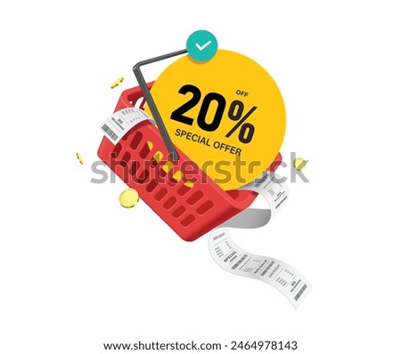 shopping advertisement, Yellow circular promotional tag label with message special offer 20% discount message placed in red shopping basket with receipt paper over out, vector 3d isolated for design