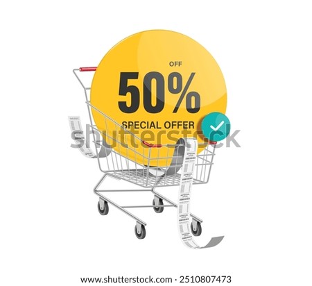 shopping advertisement, Yellow circular promotional tag label with message special offer 50% discount message placed in shopping cart with receipt paper on it, vector 3d isolated for design