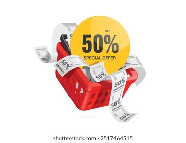 Cupón promocional amarillo de la etiqueta del círculo con el descuento especial del 50% del mensaje, Comprobante de papel colocado en la cesta de la compra roja o el Carrito rojo, Vector 3D aislado para hacer publicidad