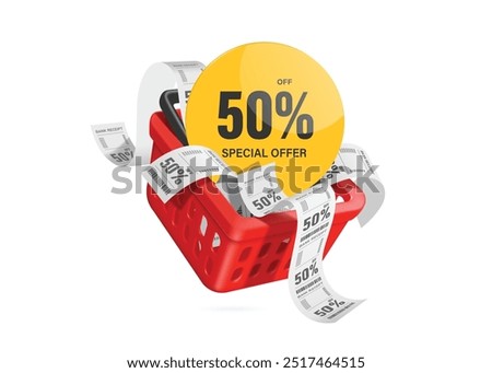 shopping advertisement, Yellow promotional circle tag label with message special offer 50% discount, paper receipt coupon placed in red shopping basket or red cart, vector 3d isolated for advertising