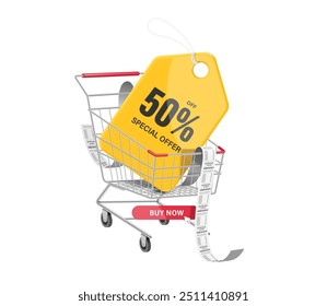 shopping advertisement, Yellow promotional tag label with message special offer 50% discount message placed in shopping cart with receipt paper on it, vector 3d isolated for design