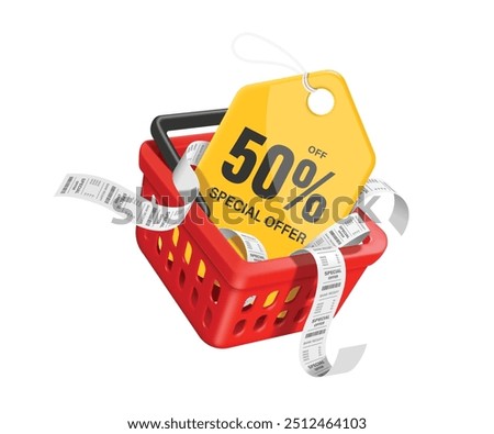 shopping advertisement, Yellow promotional tag label with message special offer 50% discount and paper receipt placed in red shopping basket or red cart, vector 3d isolated for advertising design