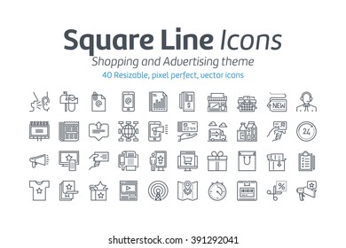 Shopping and advertising icon set suitable for info graphics, websites and print media. Black and white flat line icons.