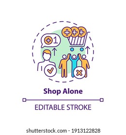 Shopping alone concept icon. Financial advantage idea thin line illustration. Shopping with friends or family. Single shopper. Vector isolated outline RGB color drawing. Editable stroke
