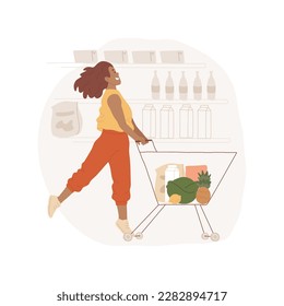 Shopping alone isolated cartoon vector illustration. Happy girl joyfully jumping with trolley full of purchases, teens lifestyle and fashion, teenager enjoying shopping alone vector cartoon.