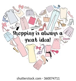 Shopping is always a great idea, heart of women clothing, shoes and bows. Vector