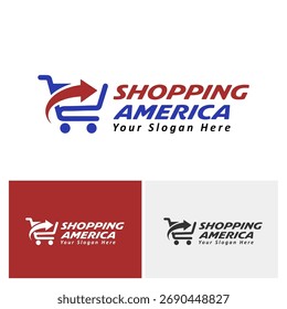 Shopping America E Commerce Logo-Design mit Warenkorb-Pfeil-Symbol und Corporate Typografie