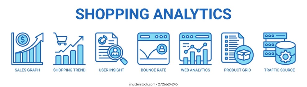 Concepto de Ilustración vectorial de ícono de Anuncio de Web de análisis de compras con ícono de gráfico de ventas, tendencia de compras, información del usuario, tasa de rebote, análisis de Web, cuadrícula de productos, fuente de tráfico.