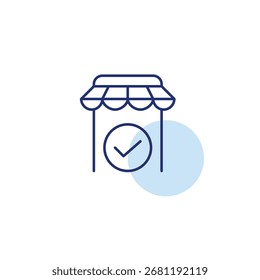 Shopping app and checkmark. Order confirmation, approved access. Pixel perfect, editable stroke vector icon