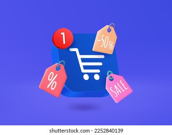 Shopping app icon with price tags. 3d vector illustration