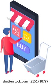 Shopping app with man push buy button from online shop. Service for purchasing goods in store via Internet. Online shopping application, male chooses goods on web site, electronic commerce concept