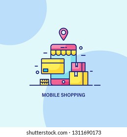 Shopping App - Mobile Shopping - Digital Payment - Ecommerce Business - flat line vector illustration