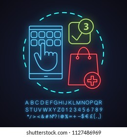 Shopping app neon light concept icon. Online shopping idea. Add to basket. Glowing sign with alphabet, numbers and symbols. Vector isolated illustration