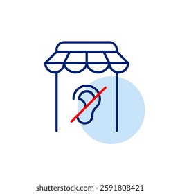 Shopping app on smartphone and ear crossed. No voice commands, silent shopping mode, no audio ads. Hearing impaired accessibility. Pixel perfect, editable stroke vector icon