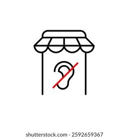 Shopping app on smartphone and ear crossed. No voice commands, silent shopping mode, no audio ads. Hearing impaired accessibility. Pixel perfect, editable stroke vector icon
