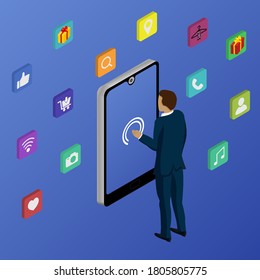 Shopping app on smartphone screen. Mobile shopping. Hand holding smartphone, finger touch screen. Modern concept for web banners, web sites, infographics. Creative flat design vector illustration
